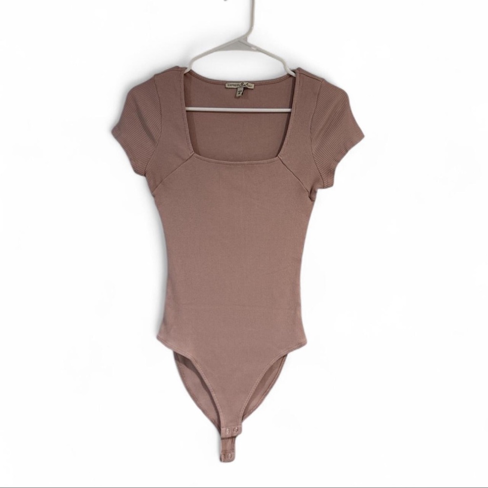 Express Mauve Brown Ribbed Square Neck Bodysuit